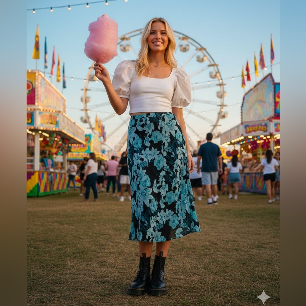 Y2K 90's Grunge Whimsigoth Goth Fairy Grunge Floral Black& Blue Maxi Skirt Sz L